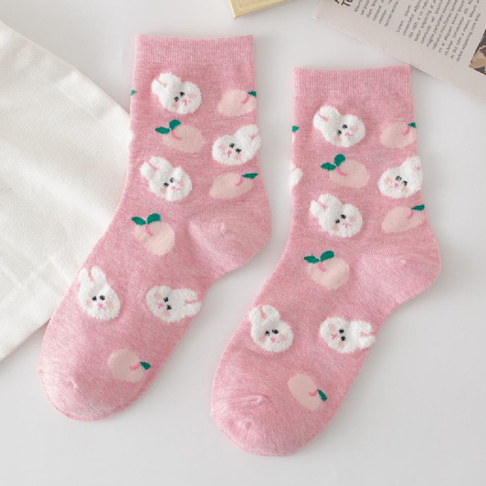 New Chic Girls' Cute Cartoon 3D Hairy Feather Yarn Rabbit Bear Peach Cherry Soft Cotton Casual Socks Preppy Style Dropship