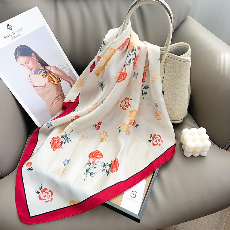 1116 Spring and Summer New Small Fresh Literary Flower Square Scarf Silk Scarf Women's Ins Imitation Silk Versatile Silk Scarf Headscarf