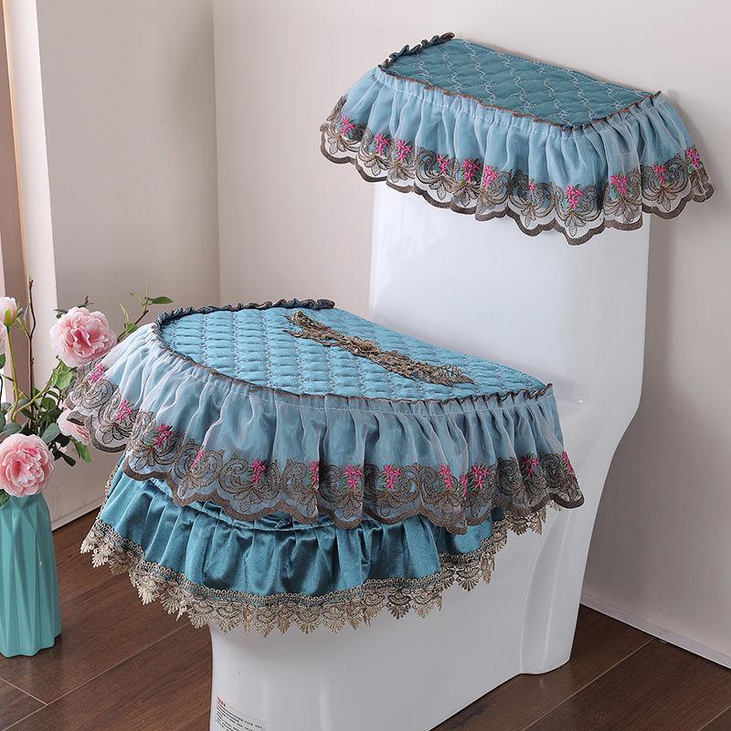 3-teiliges Toilettensitzset aus Stoff mit Spitze, dreiteiliger Toilettensitzbezug aus goldenem Samt, U-förmiger Toilettendeckel mit Reißverschluss und Toilettenständerring