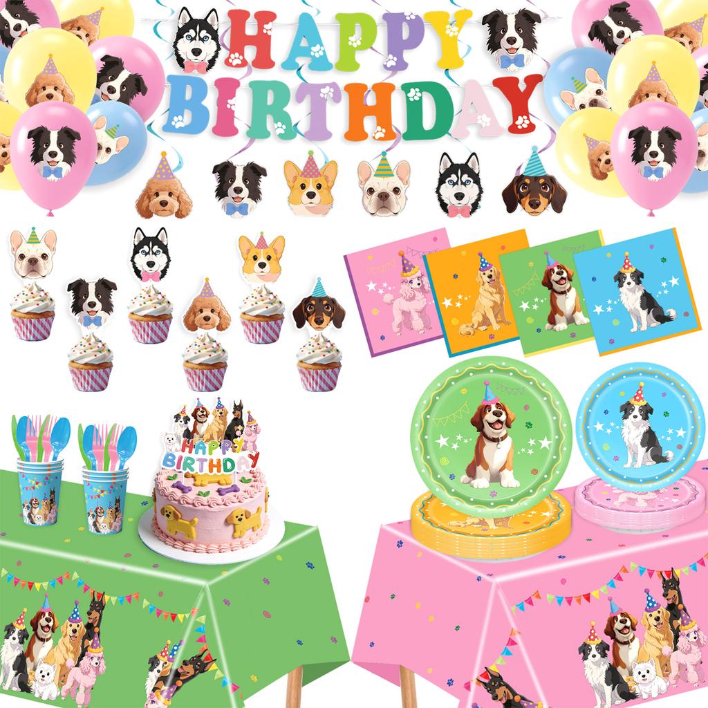 Cartoon Puppy Dog Birthday Party Decorations Supplie Celebration Party Disposable Banner Tablecloth Cup Plate Baby Shower Set