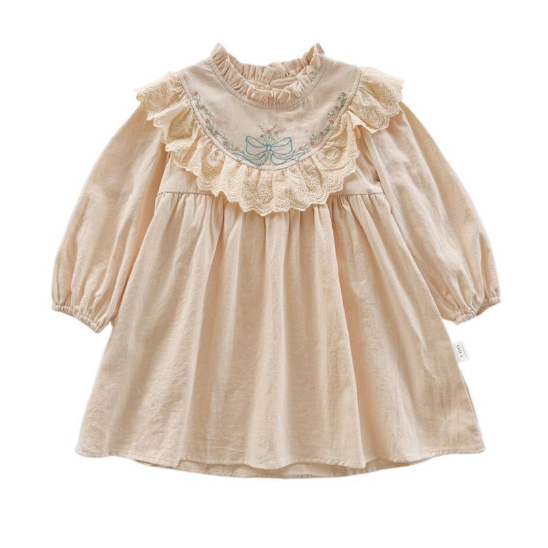 Spring Vintage Lace Girls Dress Long Sleeve Embroidered Bow Ruffle Children Princess Dress