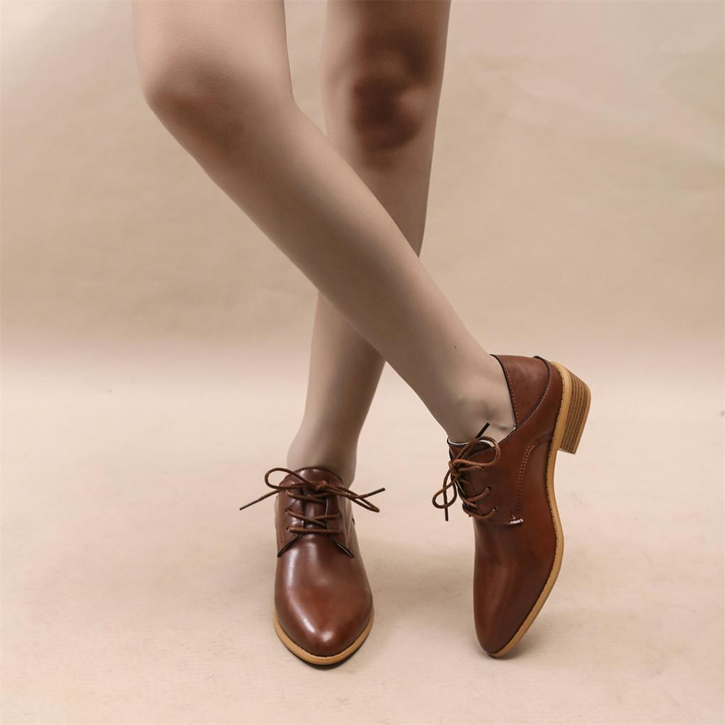 Plus Size Women's Shoes 2025 Spring/Fall New Arrival British Vintage Style Pointed Toe Lace-Up Chunky Heel Low-Top Flats