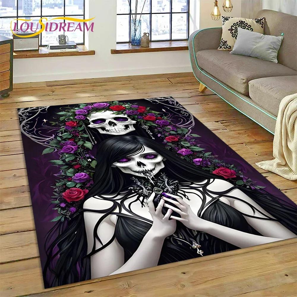 Totenkopf Totes Mädchen 3D Gothic Horror Weiblich Rose Teppich für Wohnzimmer Schlafzimmer Dekoration, Rutschfeste Dekoration für Sofa Fußmatte Geschenk