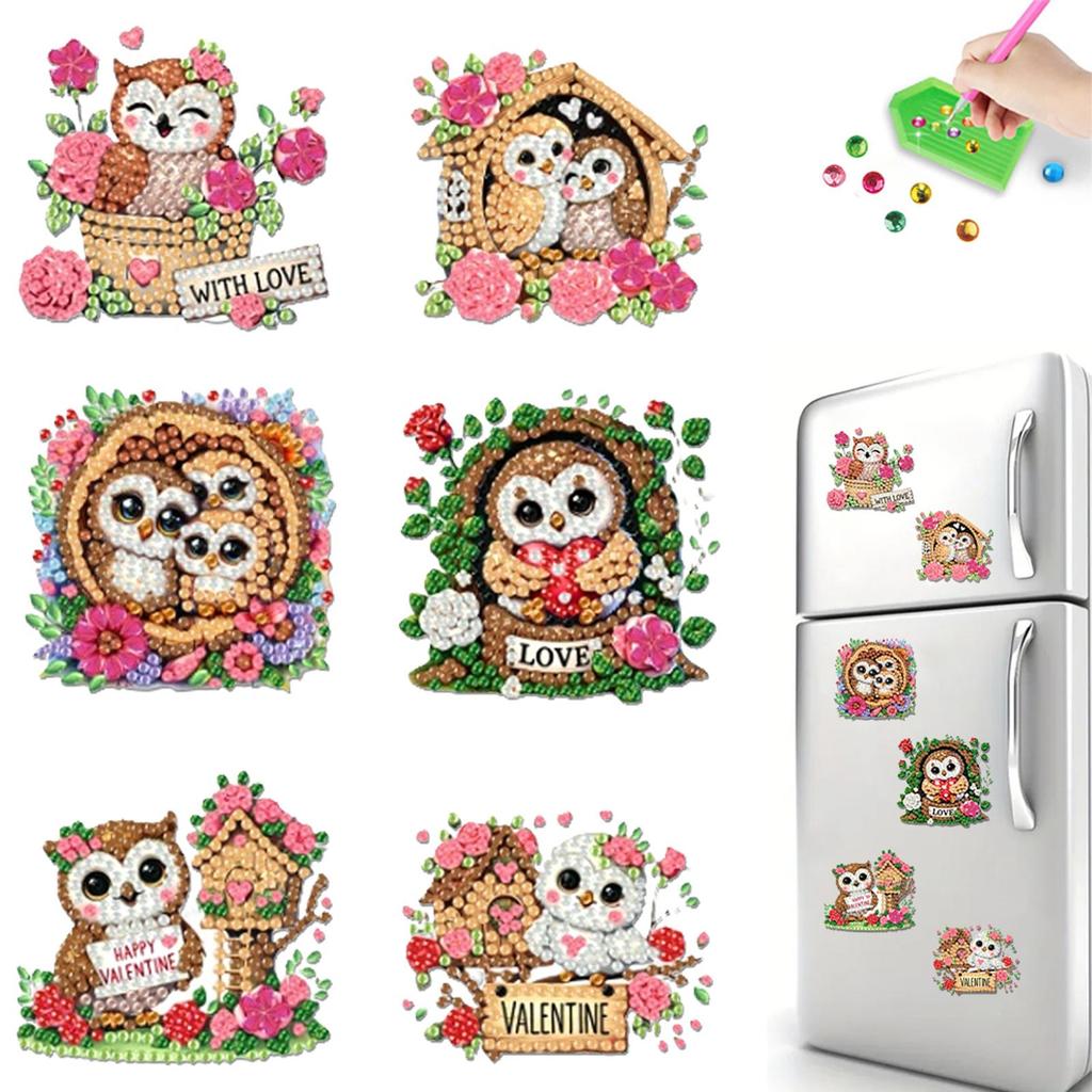 6Pcs DIY Fridge Stickers Acrylic 2D Flat Animal Diamond Art Fridge Magnet Diamond Painting Fridge Magnet for Adults Beginners