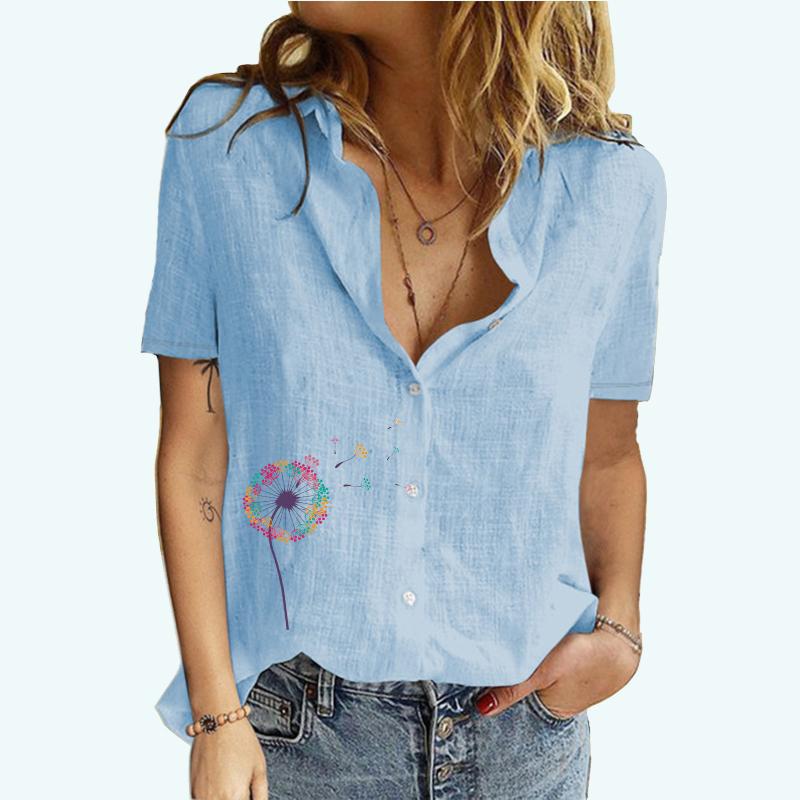 Damenmode Revers Hals Blusen Sommer Print Kurzarm T-Shirt Weibliche Baumwolle Leinen Strickjacke T-Shirt