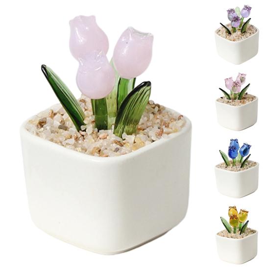 Handcraft Blown Glass Flower Figurine Mini Faux Crystal Tulip Bouquet In Pot for Women Mom Wedding Mother's Day Office Home Table Centerpiece