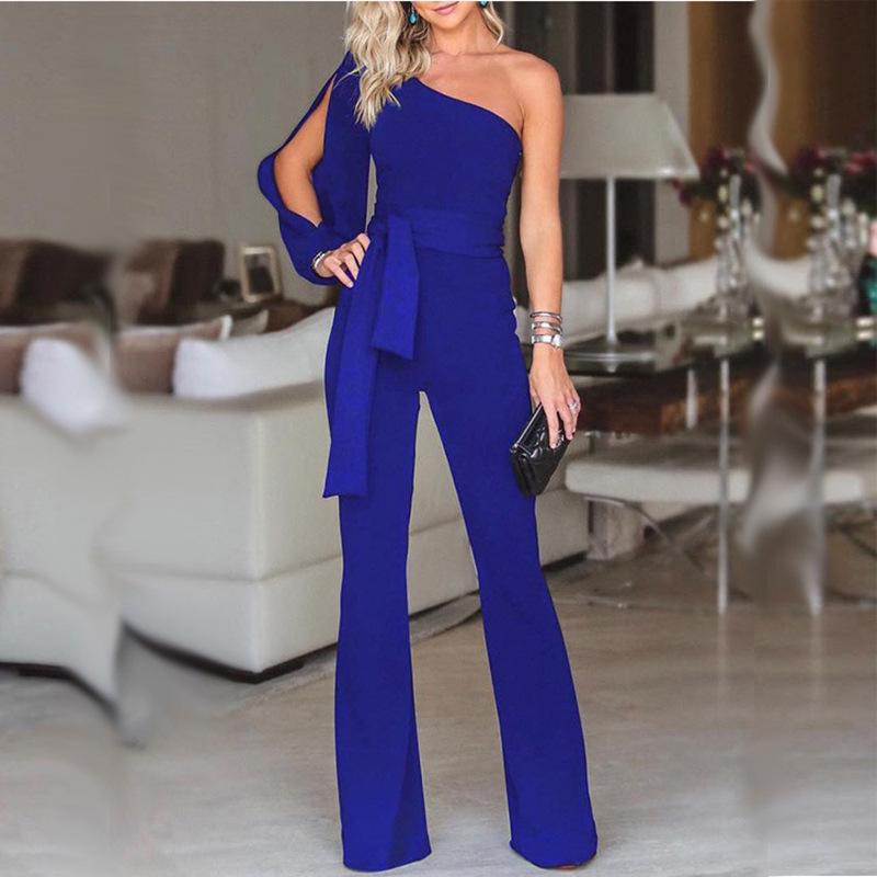 Waist Women Tied Flared Jumpsuits Fashion One Shoulder Sexy Rompers Jumpsuits
