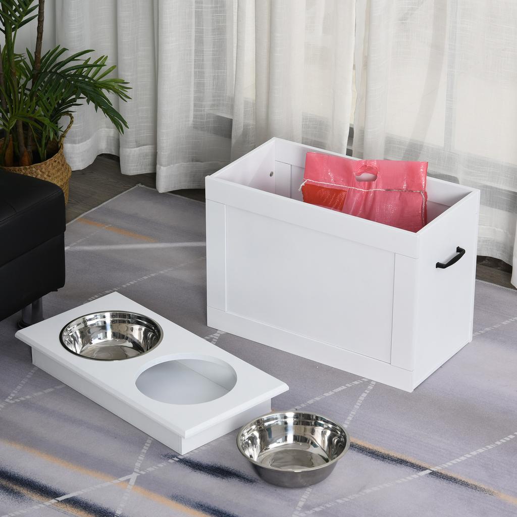Ciotole Rialzate per Cani, con Contenitore, Due Ciotole in Acciaio Inossidabile, Base Rialzata - Bianco