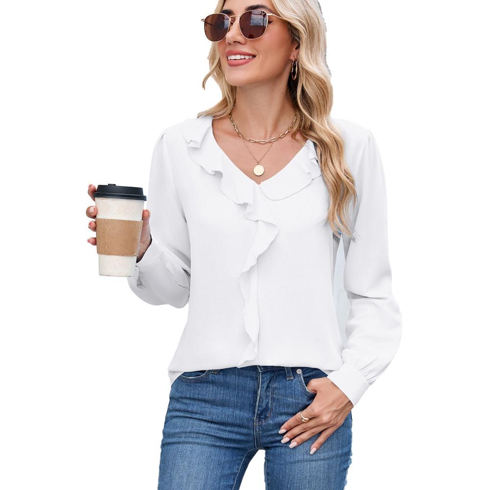 Women's V-Neck Long Sleeve Solid Color Blouse Loose Fit Casual Basic Polyester Top