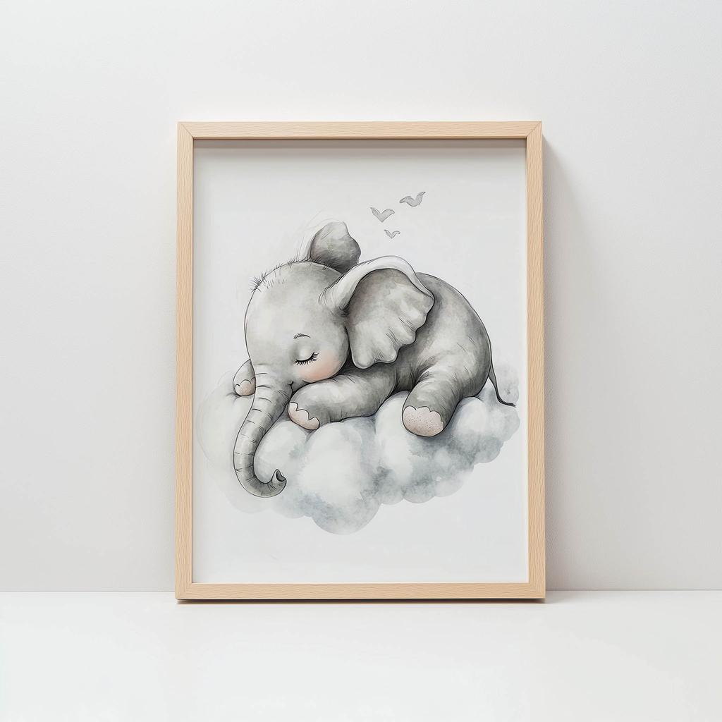 Plakat Senny Słonik Na Chmurze Plakat Senny Słonik Na Chmurze, 40X50 Cm, Rama Aluminiowa Złota, Papier Matowy 230 Gsm