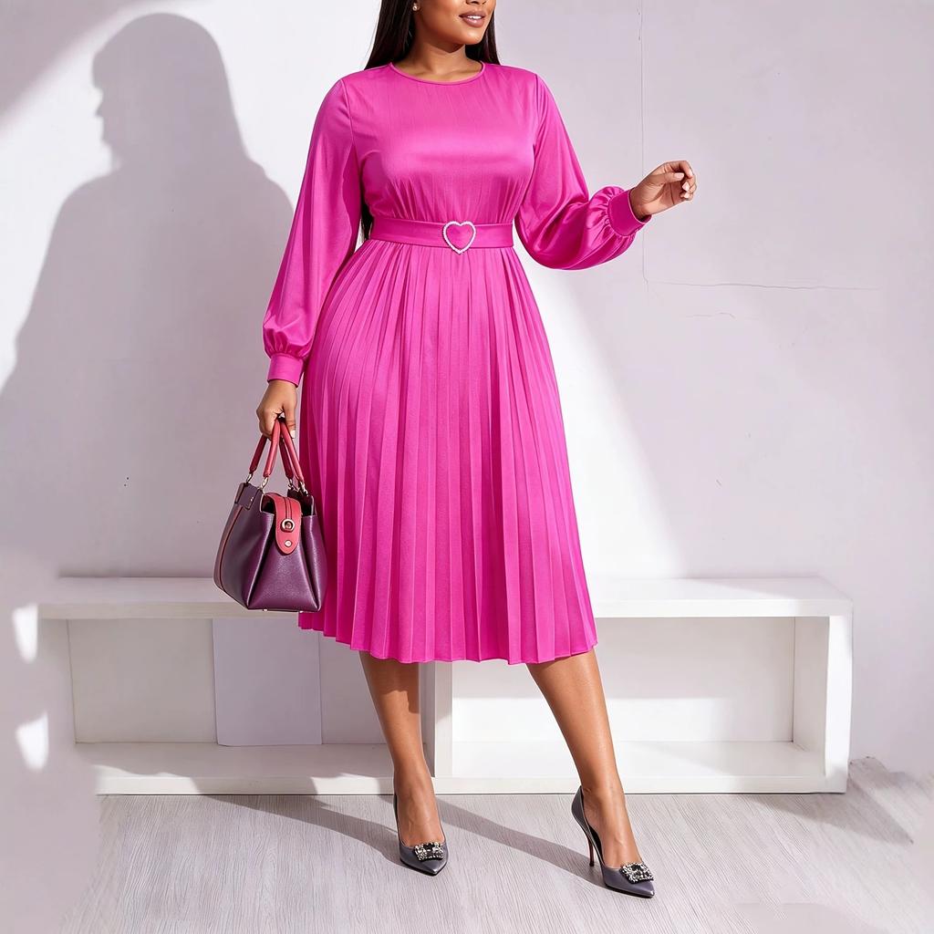 Women Solid Color Round Neck Lantern Sleeve Heart Belt Pleated Midi Dress Casual Loose Fit Dress