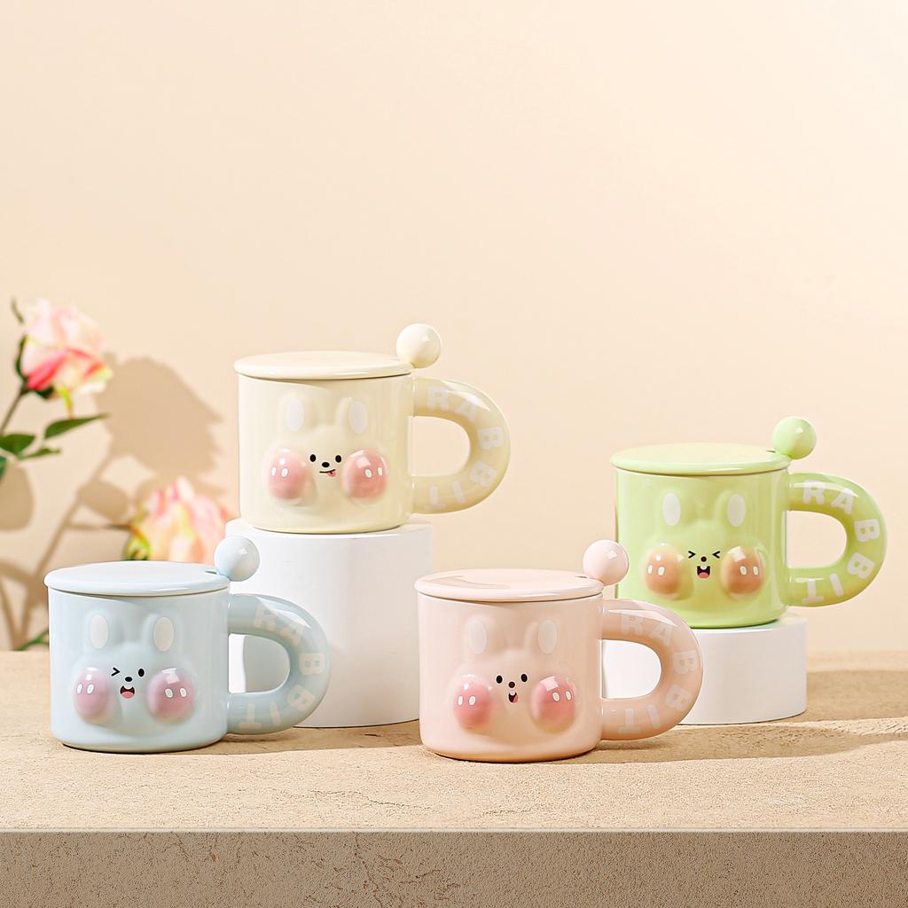 Creative Little Rabbit Water Cup High Value Ins Comic Cup, Coffee Cup with Lid Spoon, Ceramic Cup Large Capacity