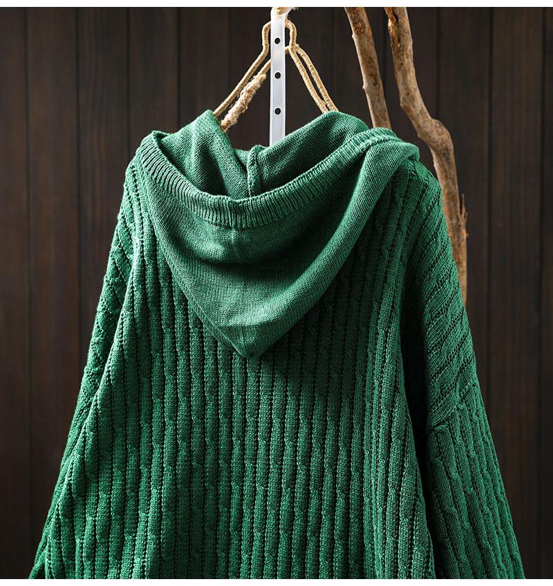 Women's Retro Ethnic Drawstring Hooded Appliqué Knit Cotton Sweater - Loose Plus Size for Spring & Autumn