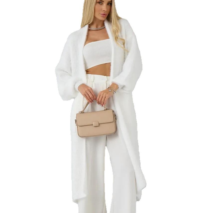 Cardigan Long en Tricot Cachemire Faux Vison Blanc pour Femme - Doux, Ample, Style Décontracté pour l'Automne et l'Hiver