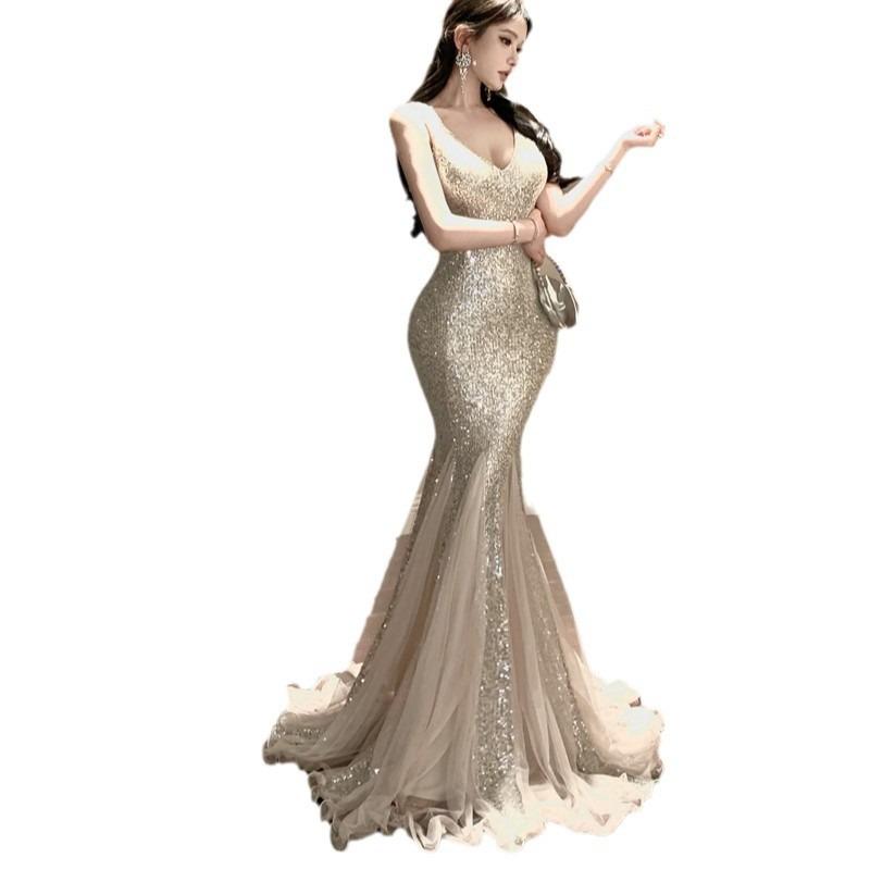 Summer New Socialite Banquet Evening Dress High-end Sequin Dress Mesh Fishtail Dress Small Dress Women