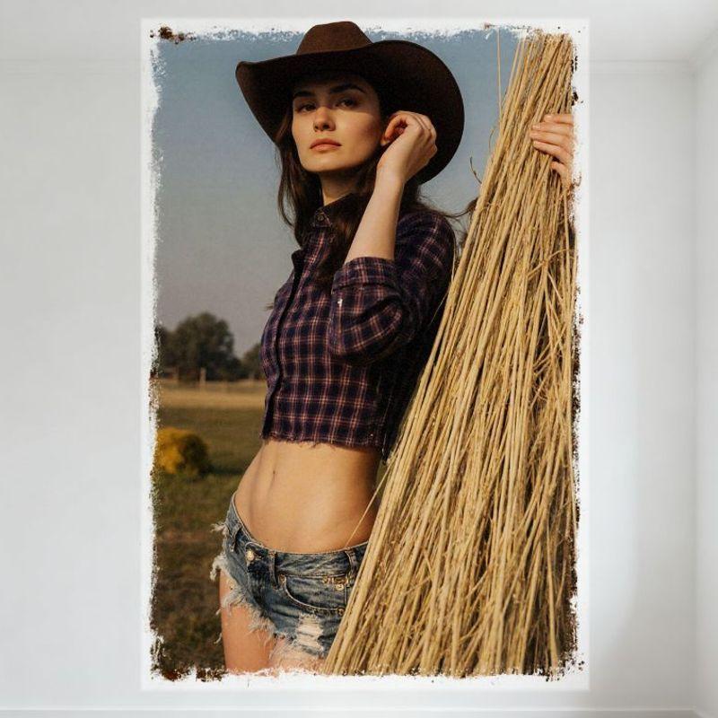 

Sexy Woman Vintage Western Countryside Tin Sign Grassy Field Cowboy Hat Denim Shorts Metal Poster for Bar Home Cafe Wall Decor 20x30cm（7.8x11.8inch）
