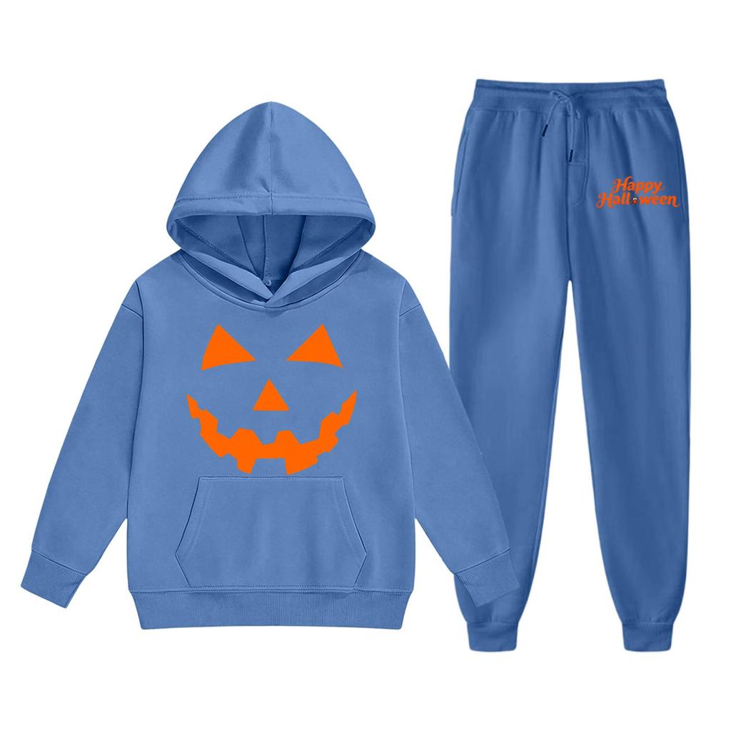 Kids Halloween Hoodie and Sweatpants Set Pumpkin Face Print Hooded Sweatshirt and Matching Bottoms Comfortable Fit for Children