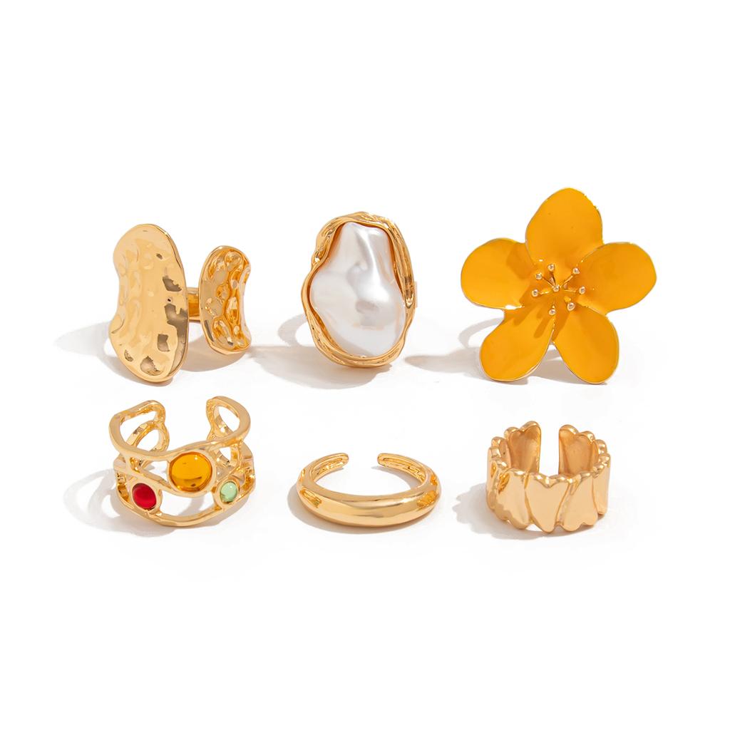 Ingemark 6Pcs/Set Vintage Flower Open Rings for Women 2026 New Fashion Boho Imitation Pearl Crystal Ring Y2K Bridal Jewelry Gift
