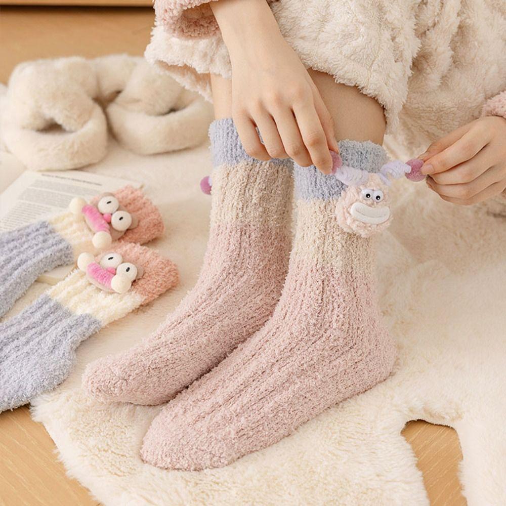 Thicken 3D Eyes Sleeping Socks Home Coral Fleece Socks Women Fashion Cartoon Plush Socks  Women