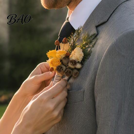 Bridal Party Floral Decor Dried Flower Boutonniere, Preserved Wedding Corsage, Rustic Natural Dry Gift Box Decoration Brooch Pin for Groom Bride