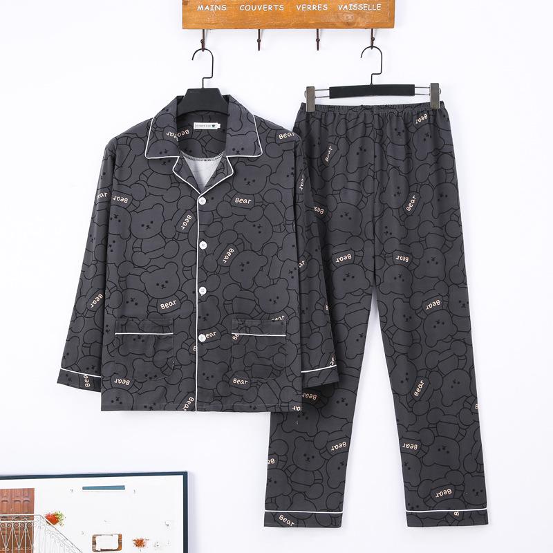 Men's Printed Long Sleeve Knit Cotton Pajama Set with Cardigan Lapel for Spring, Autumn, Winter
