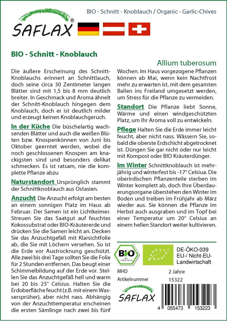 SAFLAX Garden In the Bag - Organic - Garlic-Chives - 100 Seeds - With Substrate In a Fitting Stand Up Bag - Allium Tuberosum