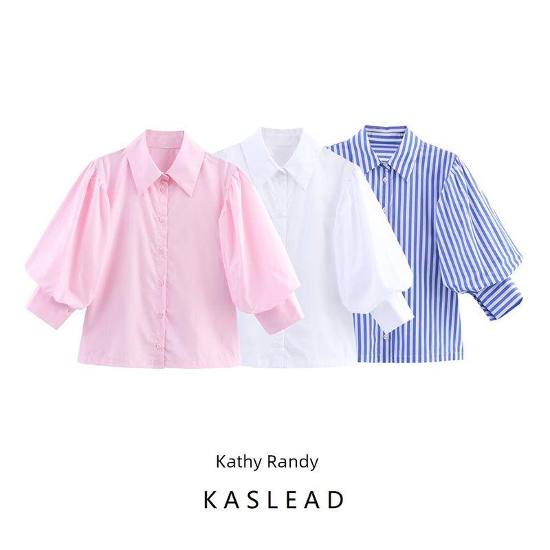 Kaslead New Women Clothes Western Style Fashion Simple and Versatile Loose Poplin Half Sleeve Shirts Top