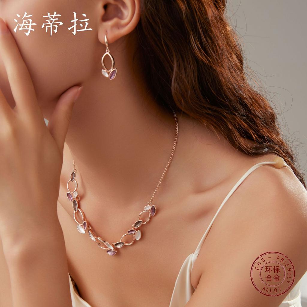 Enamel Petal Earrings Necklace Set, Flower Style Women's Earrings