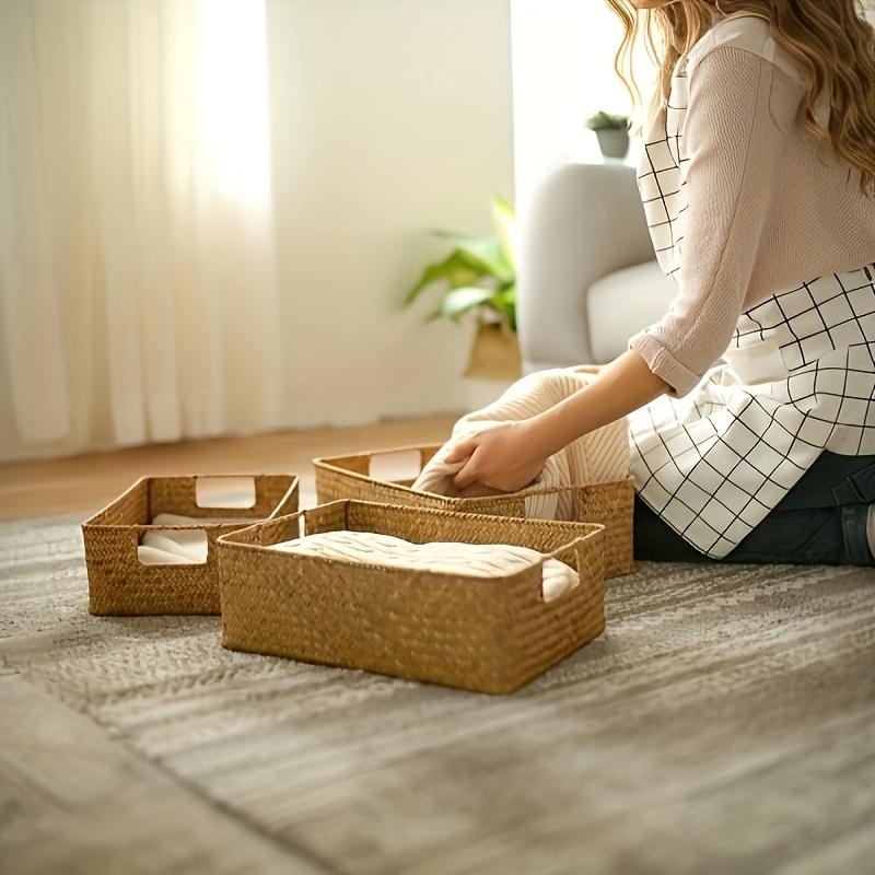 Handwoven Rattan Basket, Rectangular Storage Organizer for Bathroom Bedroom Living Room, Durable Wicker Decor Grocery Bag Holder