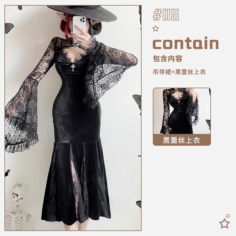 Dark goth halloween costume black dress long sexy witch costume