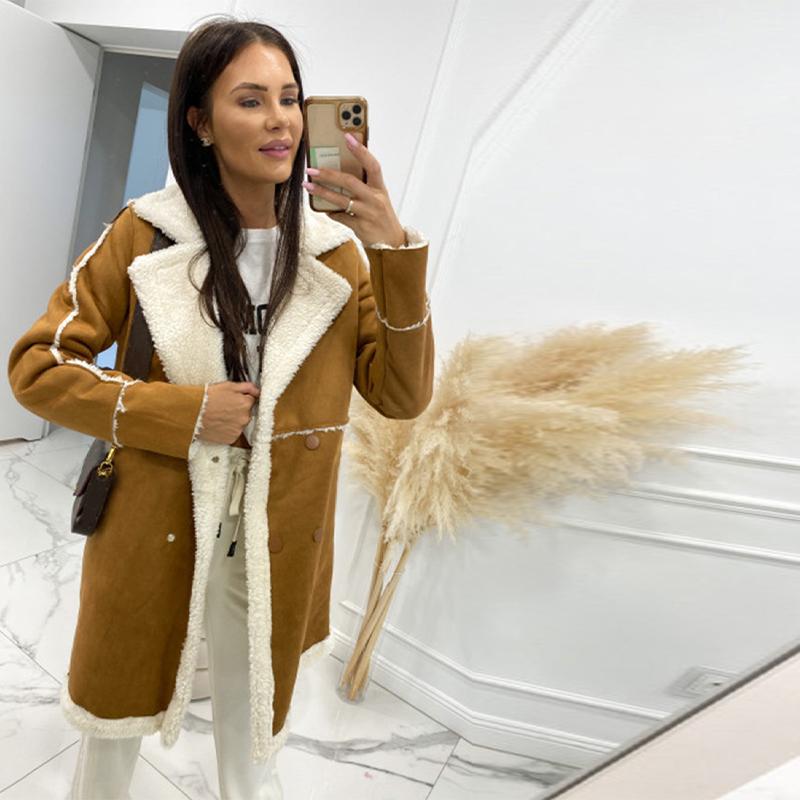 

Женское пальто из искусственной овечьей шерсти, осень-зима, винтажное, большого размера, с длинным рукавом, двубортные куртки XL темно-коричневого