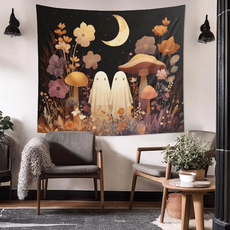 Ghost Garden Whimsy Tapestry With Cute Ghosts Mushrooms Wildflowers Crescent Moon Halloween Wall Art For Witchy Decor  Halloween