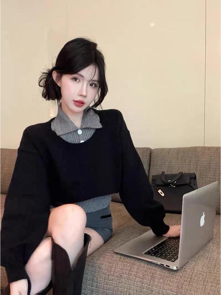 Women's Autumn College-Style Knit Polo Sweater & Short Skirt Set