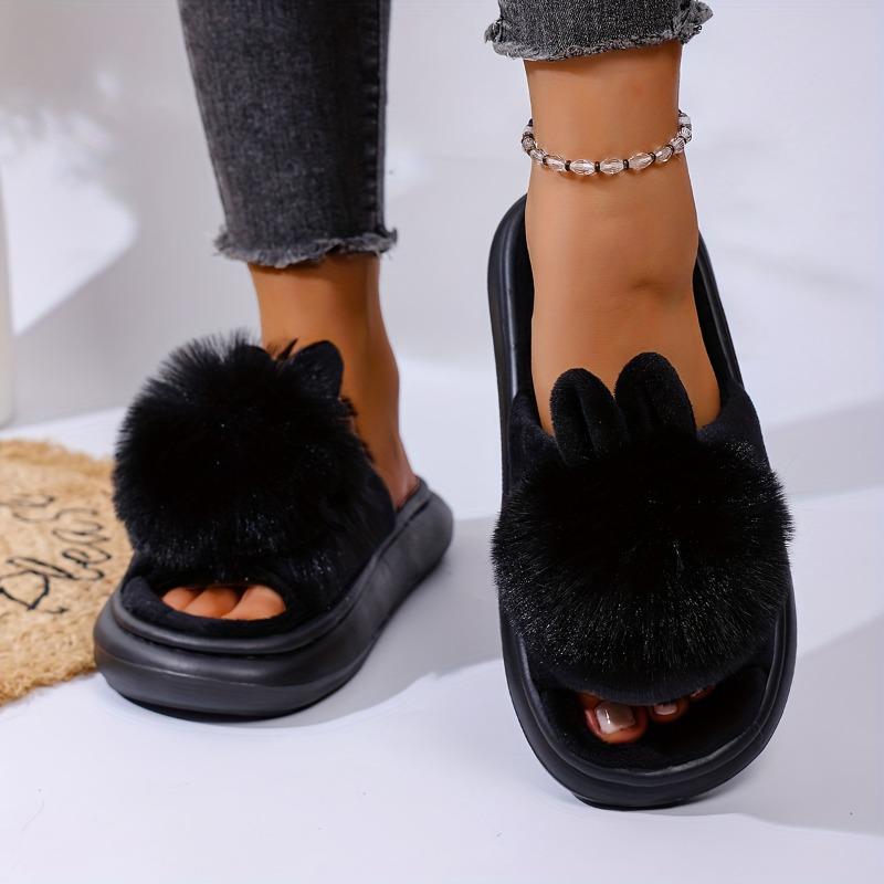 2025 Nya Höst & Vinter Enkel Boll Kaninöron Design Varma Tofflor för Män & Kvinnor - Par Hemskor med Tjock Sula & Halvt Stängd Bakkappa