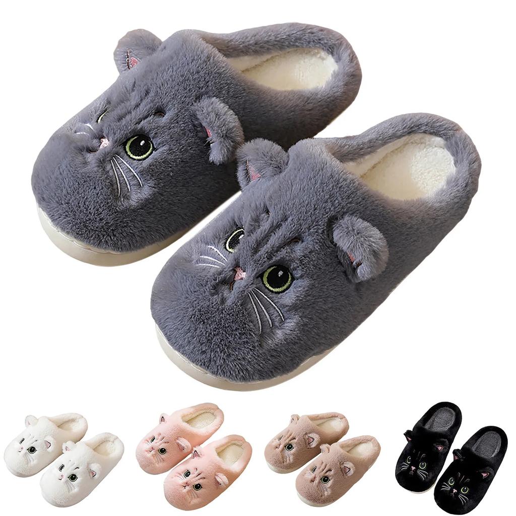 Ship In 24 Hours White Cuddle Kitty Slippers Woman Indoor Fuzzy Shoes 46-47 Warm Cat Lovers Slipper Women Funny Animal Slipper