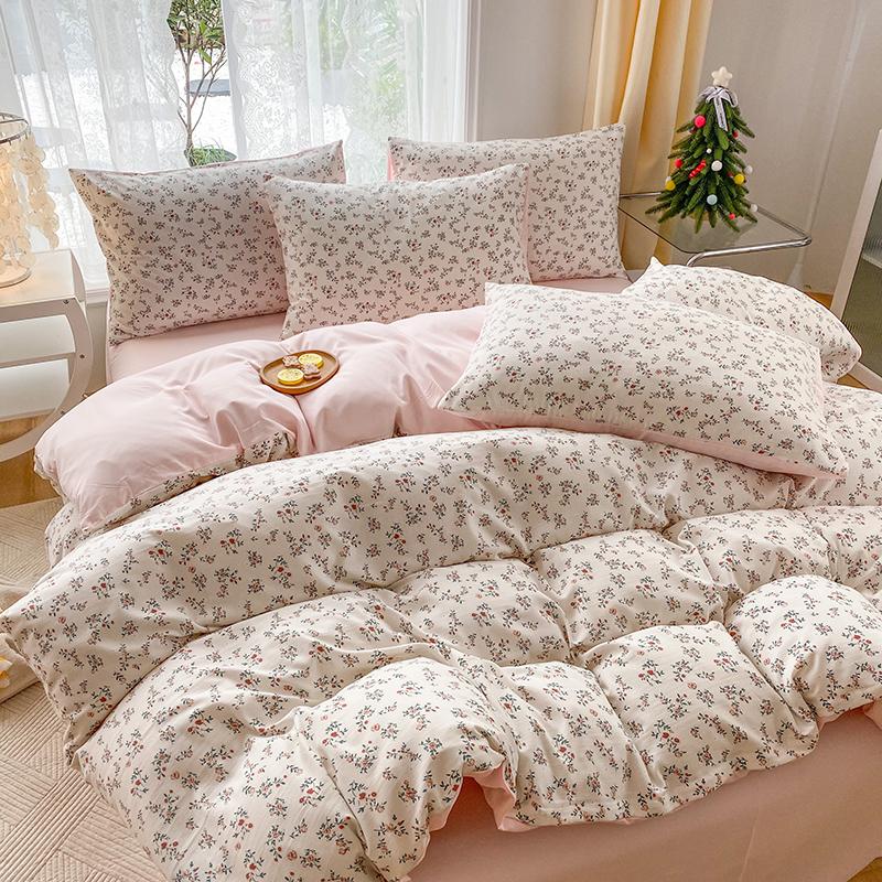 JOYBLISS 4-piece Cartoon Heart-shaped Plant Floral Print Set, Quilt Covers, Bed Sheets and Pillowcases (no Padding), Suitable for Bedroom