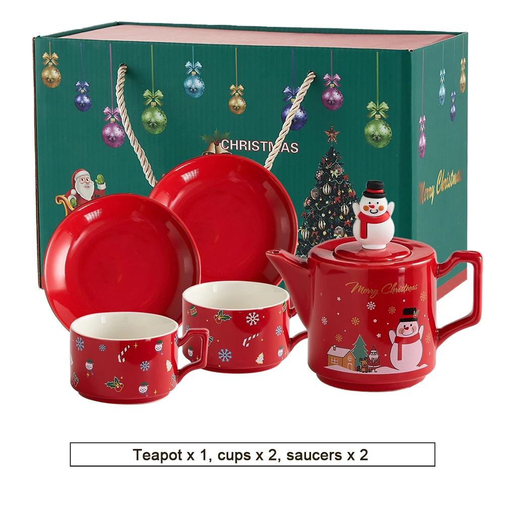 Red Ceramics Teaware Sets Santa Claus Snowman Elk Teapot Teacup Christmas Coffee Cup Saucers Stackable Xmas New Year Gifts