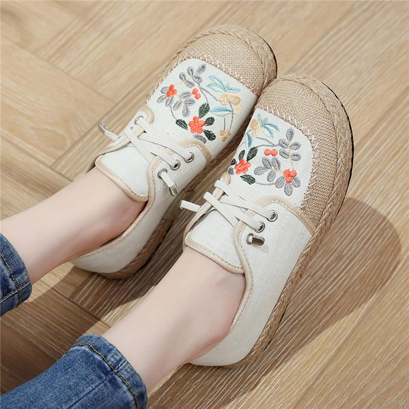 Весенние и осенние женские туфли на плоской подошве с вышивкой в стиле ретро со шнуровкой и круглым носком, удобные женские туфли ручной работы из хлопка и льна 38