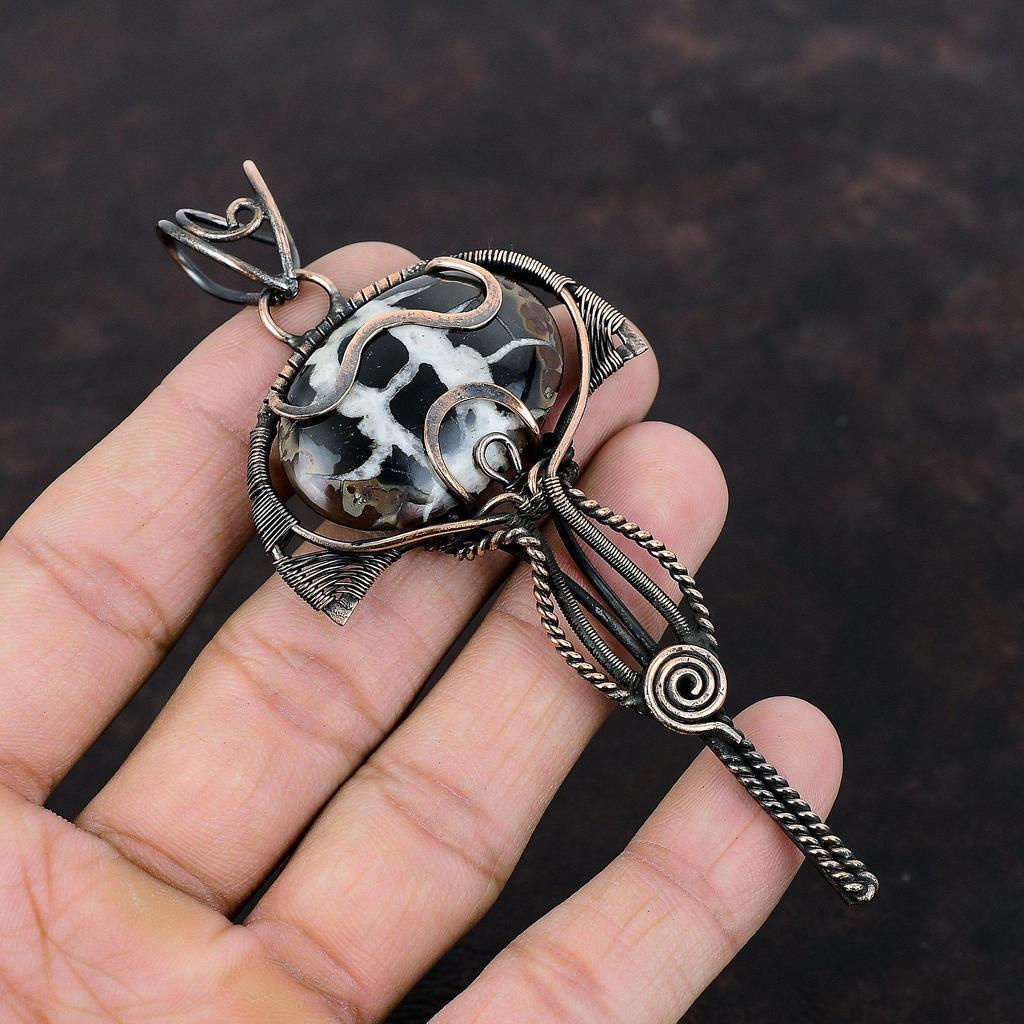Moroccan Mud Crack Fossil Pendant Copper Wire Wrapped Pendant Handmade Copper Jewelry Pendant For Women Dainty Gemstone Jewelry Wedding Gift