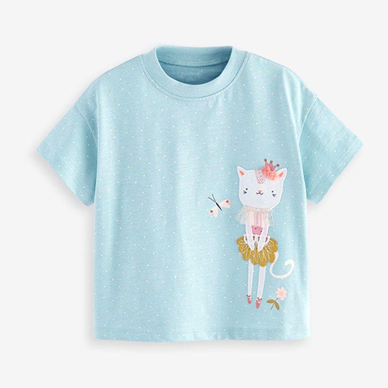 Girls' Polka Dot Cute Cat Short-Sleeved T-Shirt Kidsren's Tops Baby Pure Cotton Summer Clothes Kidsren's Half-Sleeved T-Shirt 2-8