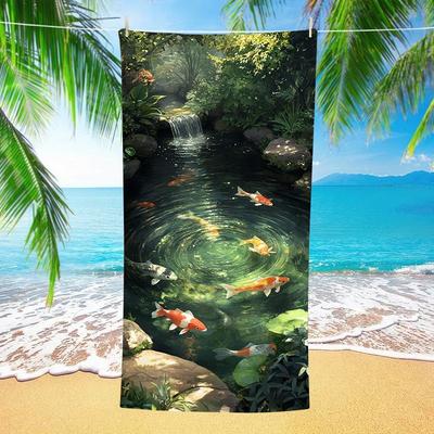 Forest Waterfall Koi Fish Pond Beach Towel Natural Scenery Oriental Carp Print Towel Quick Dry Absorbent Towel for Vacation