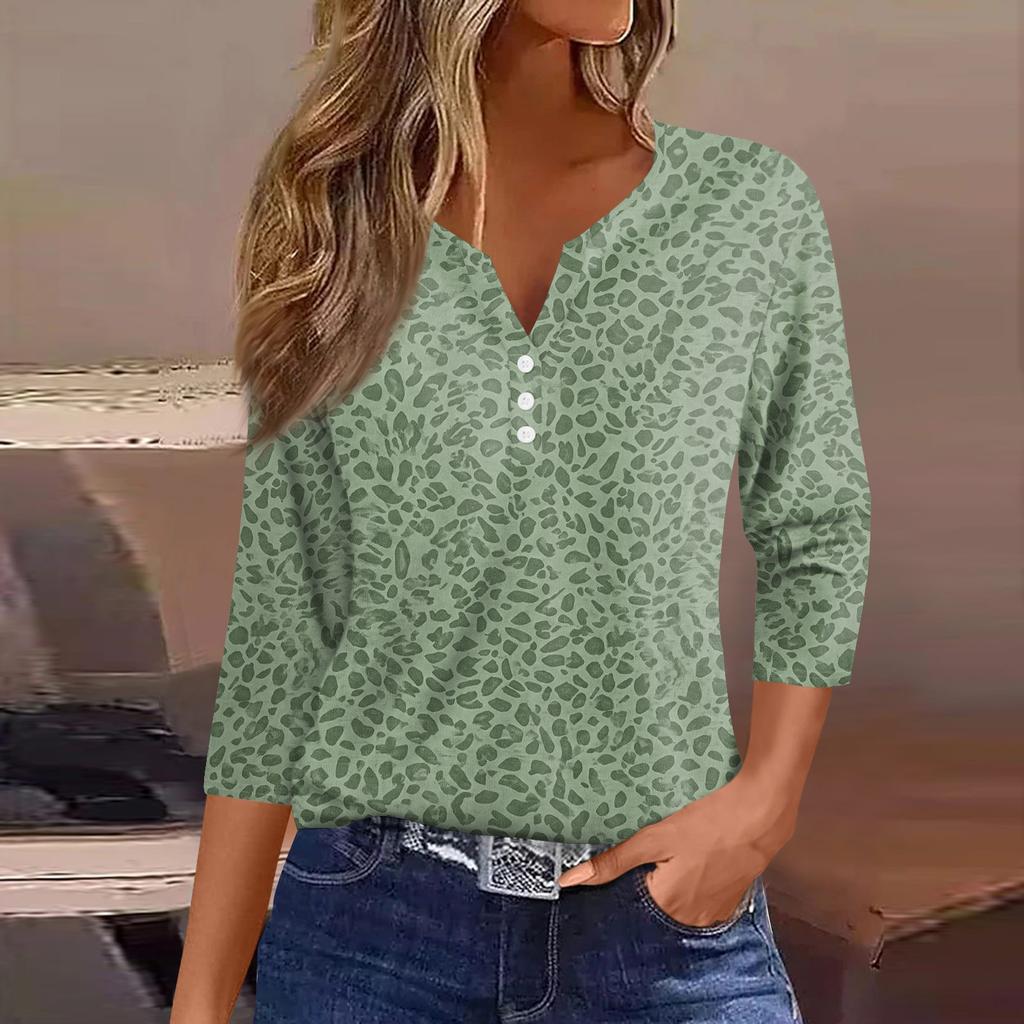 Women's Casual V-Neck Leopard Print 3/4 Sleeve Button T-Shirt Top