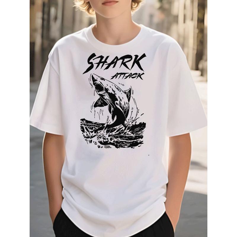 Boys Shark Attack Graphic Crewneck Short Sleeve Tee, Street Style Casual Kids T-Shirt 110 белый