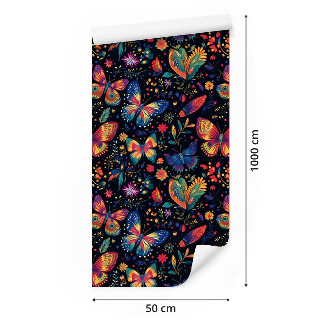 Wallpaper Colorful Butterflies Black and Navy Blue for Living Room and Bedroom 50x1000