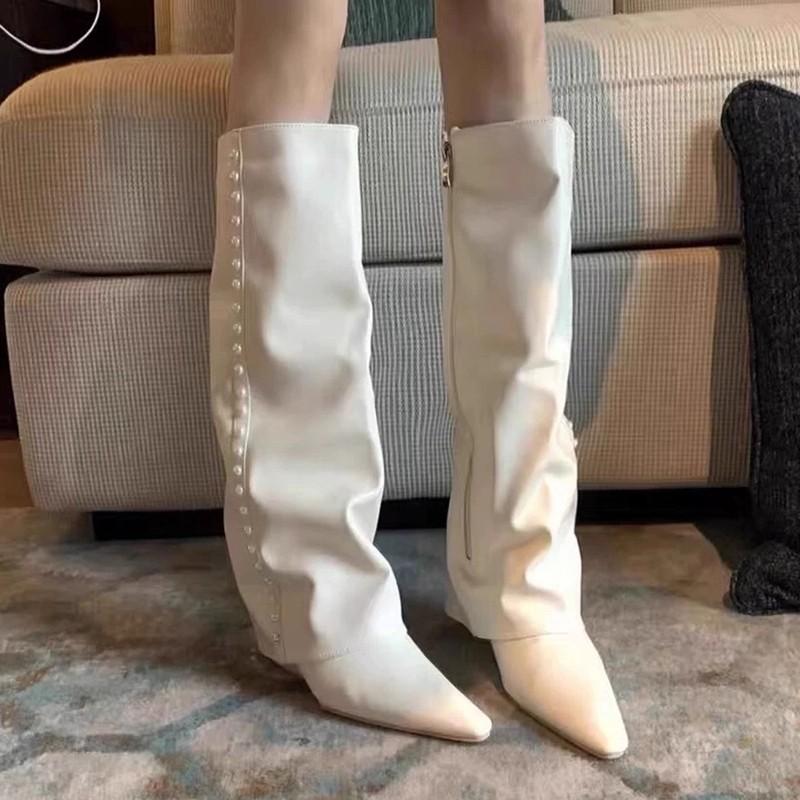 Huge legs! White trouser boots high heels Spice girl knight boots pointed toe slope heel high tube but knee boots women