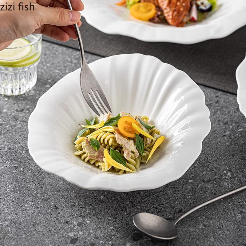 Pure White Flower Shape Slanted Edge Bowl Ceramic Salad Bowl Thick Soup Bowl Vegetable Bowls Noodle Bowls Specialty Tableware