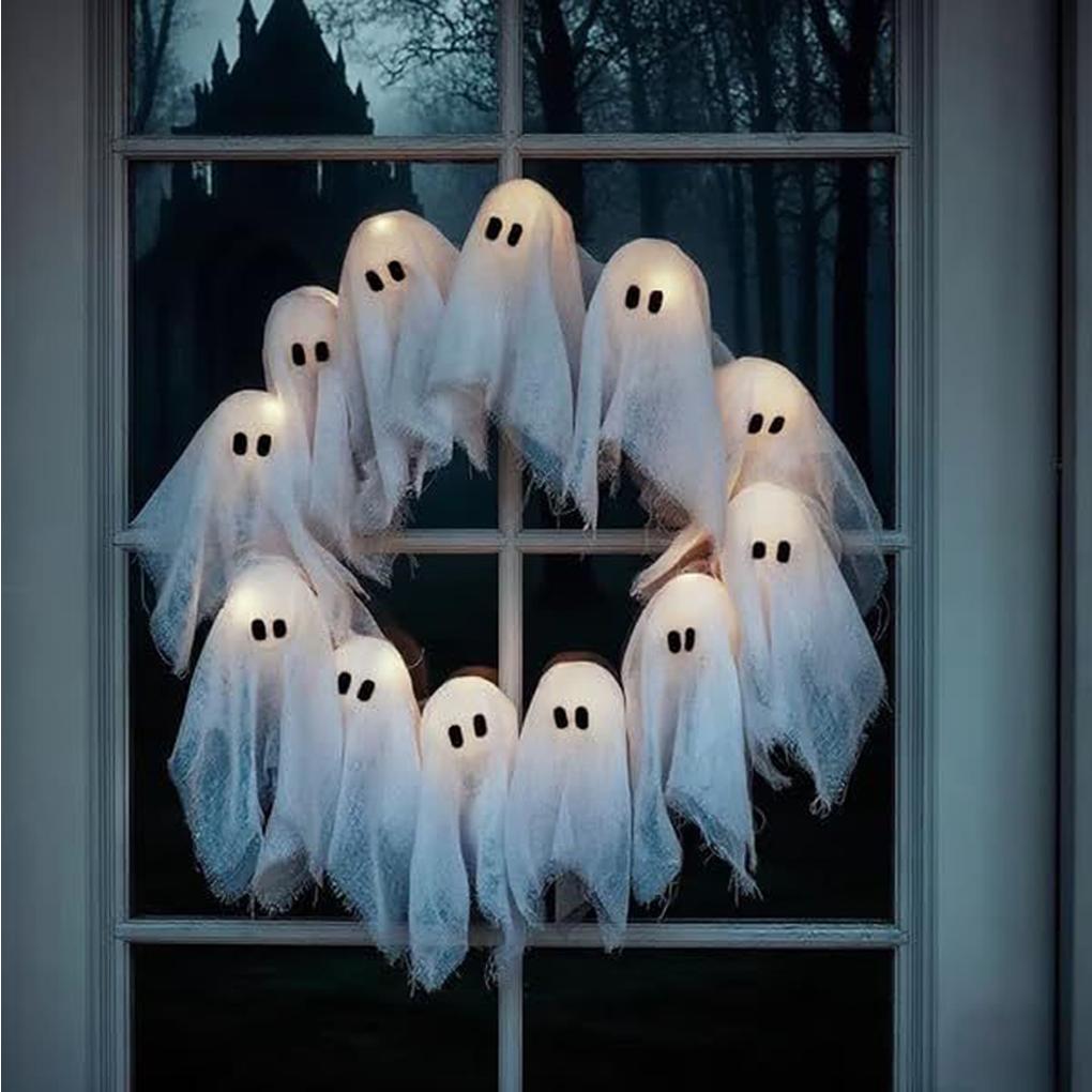 Halloween Geisterkranz Weiße Geistergirlande Gruselige Innen- und Außendekoration zum Aufhängen für Haustür Wand Party Gruselige Girlande
