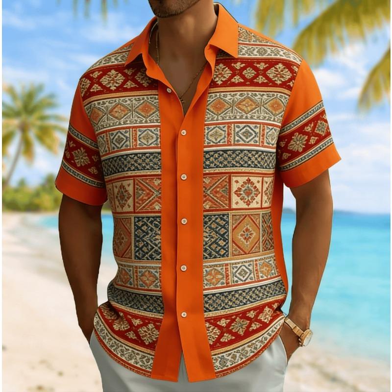 Men's Vintage Ethnic Patchwork Print Short Sleeve Shirt, Spring Summer Casual Vacation Turn-Down Collar Blouse, Loose Fit Top