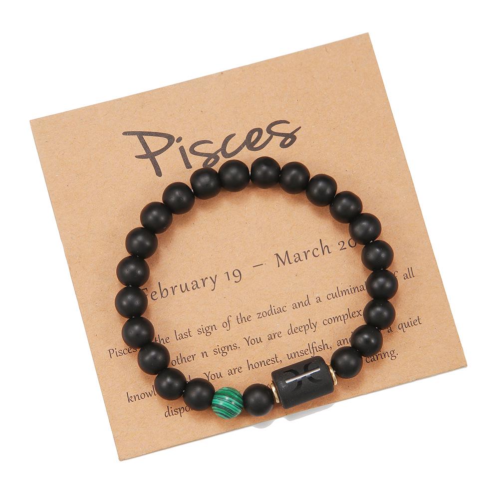 Black Matte Agate Beaded Bracelet with Zodiac Signs - Elastic Buddhist Couple Design