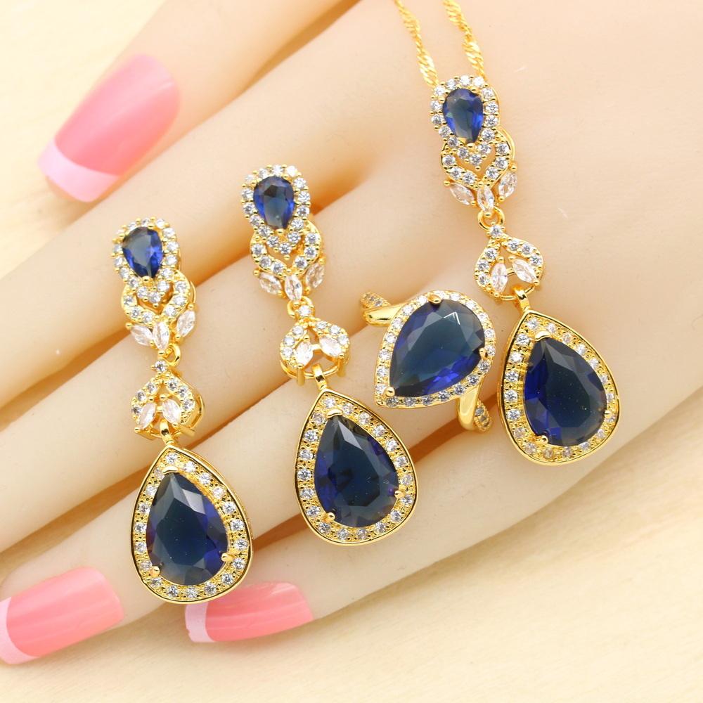 Grüner Kristall Wassertropfen Vergoldete Schmucksets für Damen Hochzeit Armband Ohrringe Halskette Anhänger Ring Party Geschenk